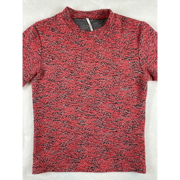 Free People Mock Neck Textured Knit Short Sleeve Top Red Black XS - Picture 2 of 7